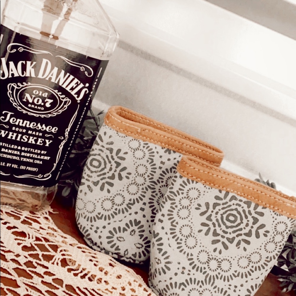 green boho canvas/leather beer coozies